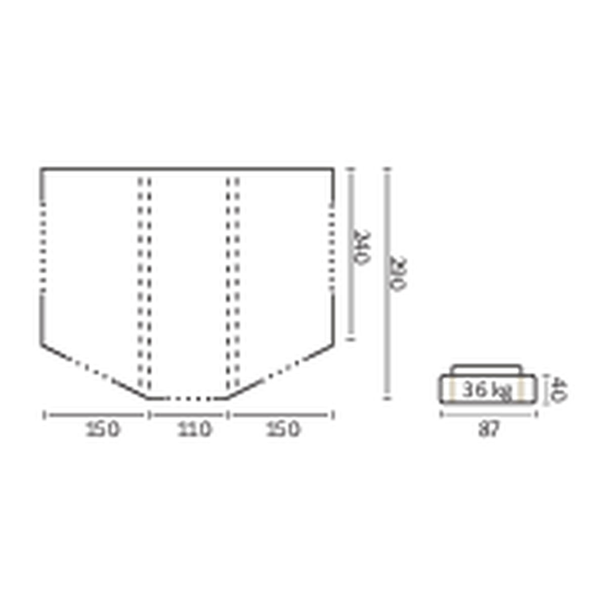 Massskizze Vorzelt Lima Groesse 410: 410 cm breit, 240 cm tief, Packmass 87 cm, 36 kg